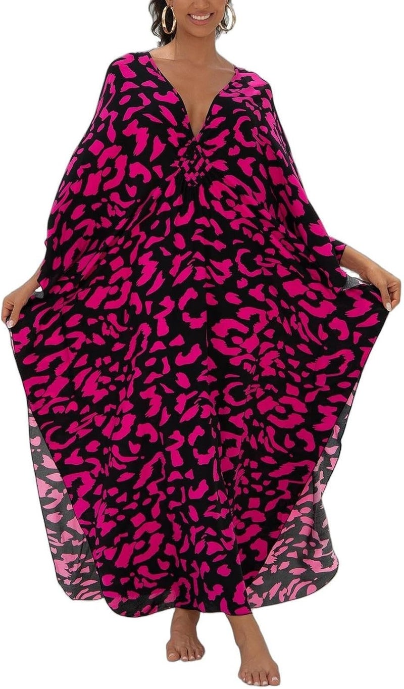 IMAGEKOPE Women's Plus Size Animal Print V-Neck Batwing Kaftan Beach Dress Bathing Suit Cover-Up Loungewear - Image 1